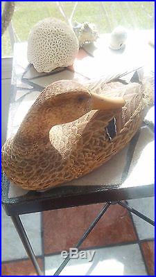 Wood Hand Carved Hand Painted Mallard & Hen Duck Decoy glass eyes 15 & 14